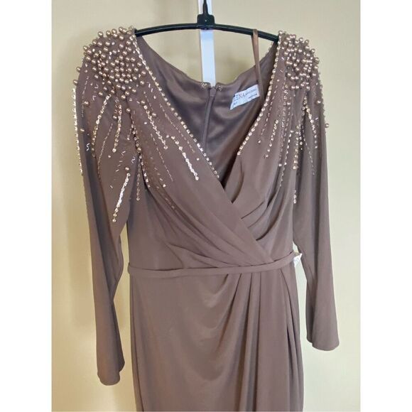 Mac Duggal NWT Faux Wrap Jersey Gown w/Embellished Accents in Mocha Size 2 - Picture 5 of 7
